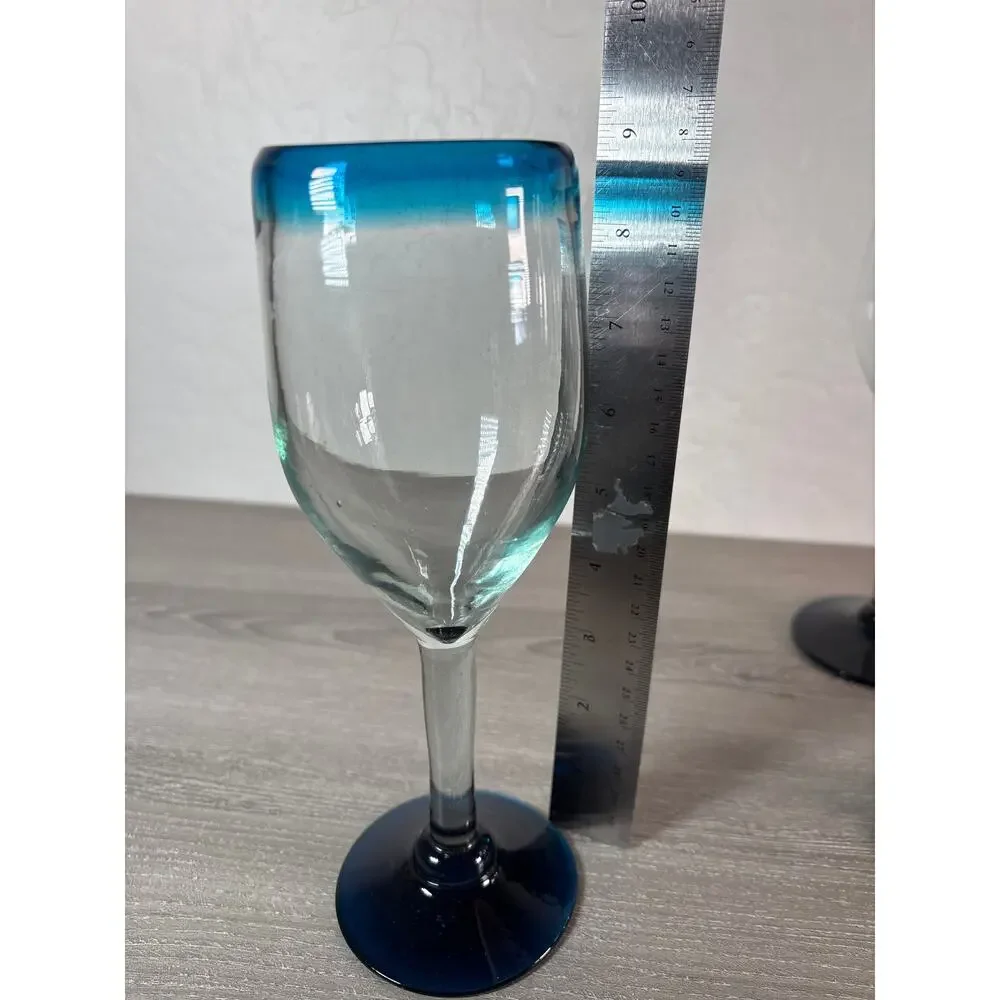 Set of 6 Hand Blown Clear w/ Light Turquoise Blue‎ Rim Tall Wine Glass 8 3/4”